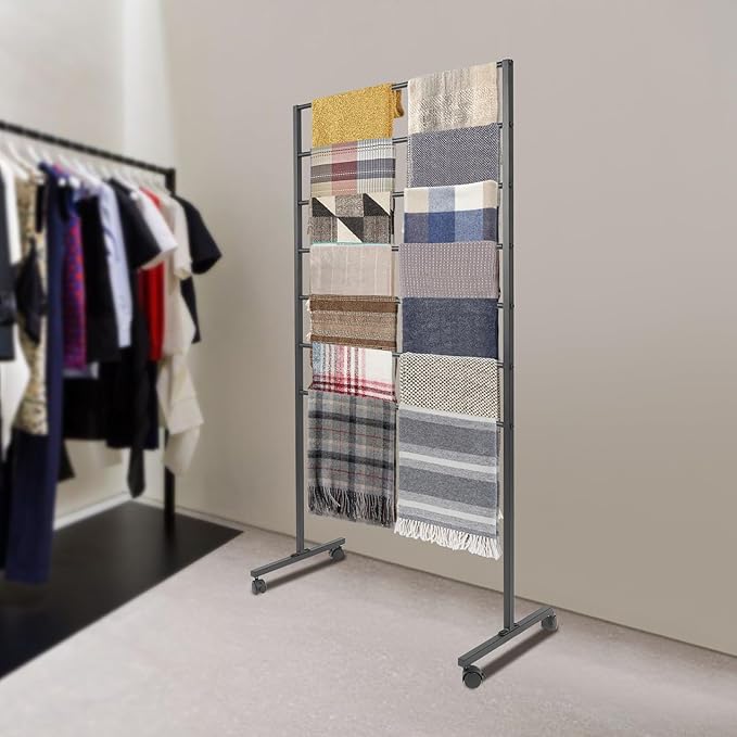 7 Tiers Rolling Display Tie & Scarf Rack Towel Belt Pants Hangers Ribbon Organizer Hijab Stand, Floor Standing Tie Scarves Hanging Rack Necktie Holder for Home Commercial Clothing Retail Store