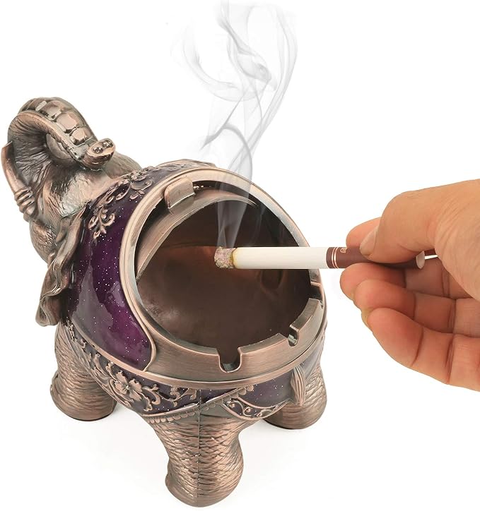 LAUYOO Elephant Decorative Ashtray with Lid for Cigarettes Metal Smoking Ash tray Holder for Smoker Windproof Cigarette ashtrays for Indoors Outdoors Fancy Gift for Men Women (Dark Purple)