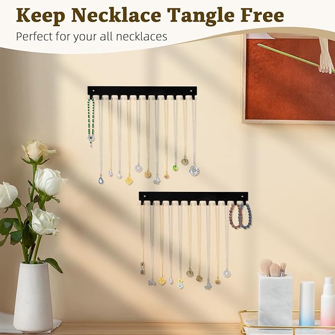 Acrylic Necklace Holder 4 Pack Wall Mounted Necklace Organizer Hanging Jewelry Organizer with 12 Hooks for Necklaces, Bracelets, Rings and Bangles Display Black