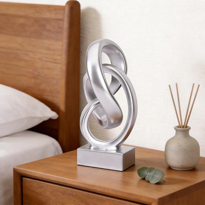 WUBIANJIE Modern Abstract Knot Sculpture, Artistic Mobius Inspired Resin Decor, Elegant Home and Office Decor, (Silver)