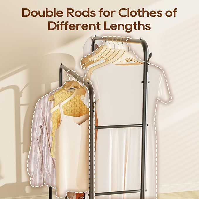TigerParty Double Rods Clothes Rack for Hanging Clothes, Rolling Clothing Rack with Wheels, Freestanding Garment Racks with 2 Shelves for Bedroom Laundry Living Room