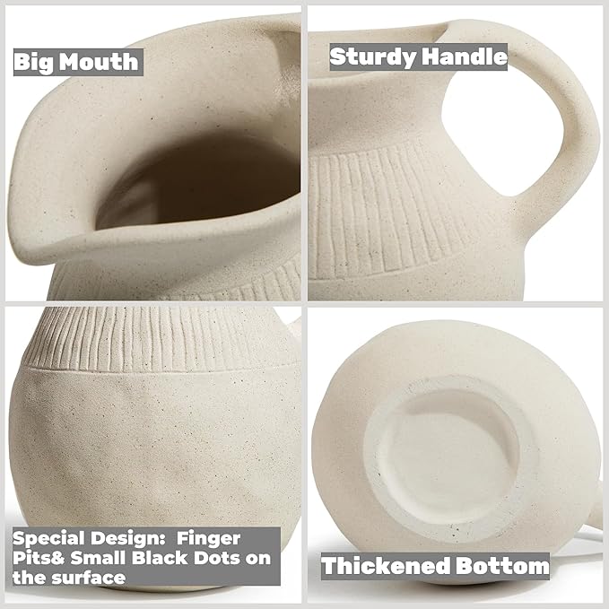 Ceramic Jug Vase, Small Farmhouse Pitcher Vase for Home Decor, Rustic Decorative Pottery Flower Vases with Handle, Centerpiece for Kitchen/Living Room/Bedroom/Office/Bookshelf/Mantel, Height 5.6"