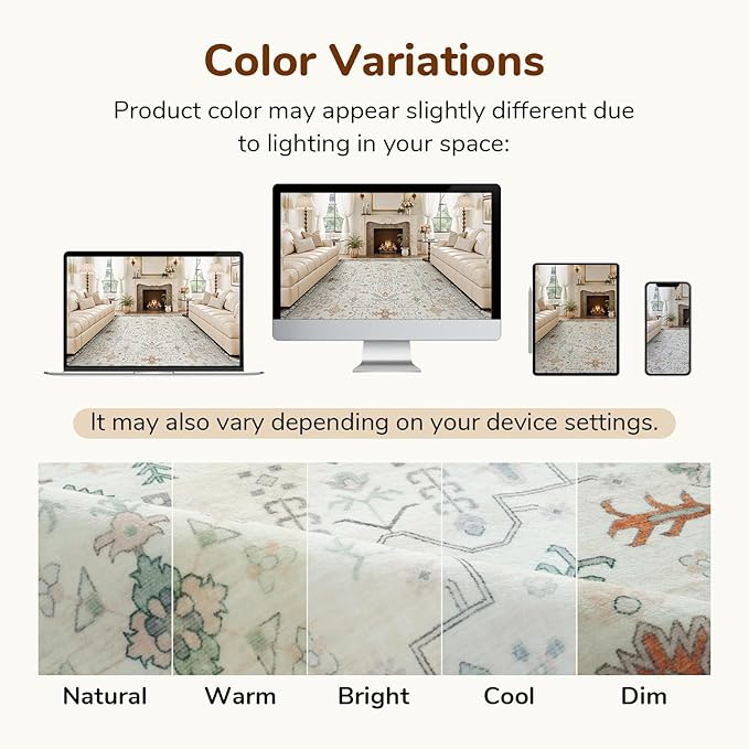 Lessymo Area Rugs for Living Room, Soft Non Slip 5x7 Washable Rug for Bedroom Dinning Nursery Room Office, Kids & Pets Friendly, Stain Resistance Vintage Floral Tribal Decor, Cream Green