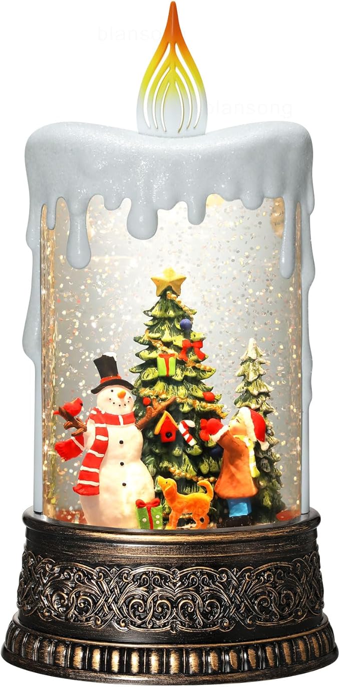 Christmas Snow Globe Candle Christmas Decorations Indoor Auto Snowfall Glitter Music Collection Snowman Child Tree with 6H Timer USB/Battery Powered 9.7 inch