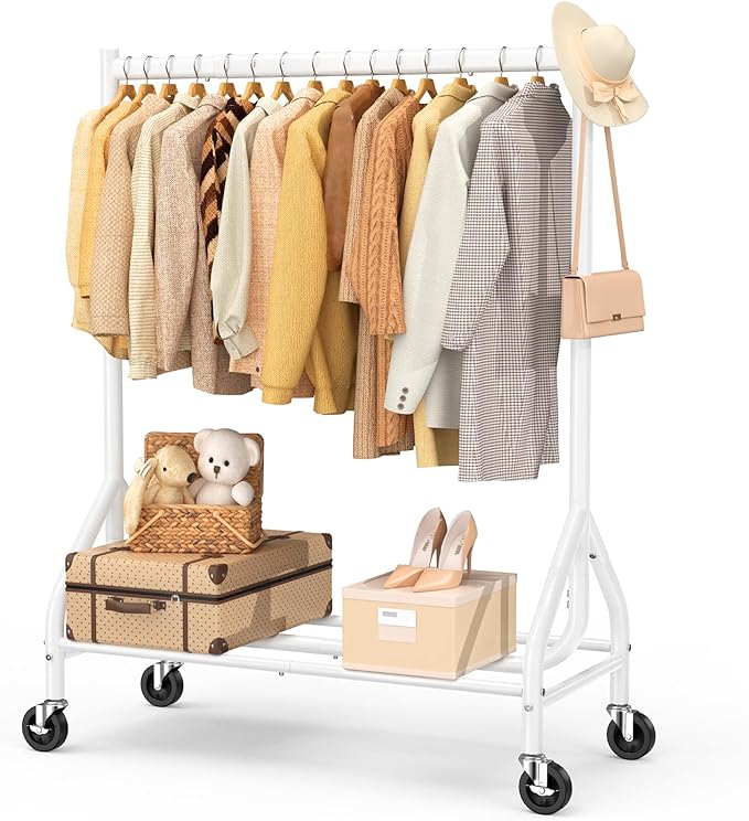 EAGMAK Heavy Duty Clothes Rack Load 420 LBS, Rolling Garment Rack with Lockable Wheels, Standing Metal Clothing Rack with Shelves, Portable Wardrobe Sturdy Coat Rack for Hanging Clothes (White