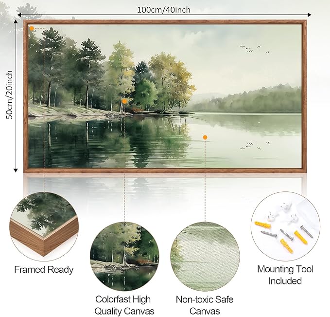 KAIRNE Framed Nature Canvas Wall Art Set,Misty Forest Wall Decor,Green Mountain Forest Pictures,Lake Water Painting set of 1(20”x40”),Landscape Scene Print for Living Room, Bedroom,Gallery Decor