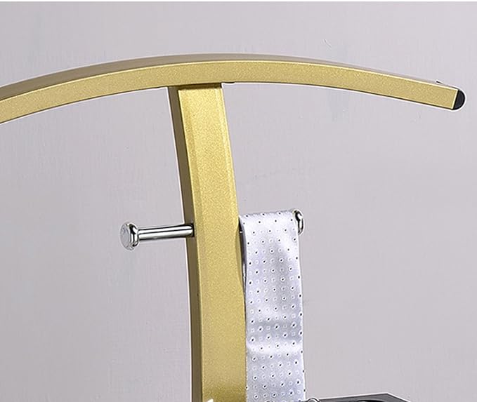 Kings Brand Furniture Henry Men’s Suit Valet Stand – Freestanding Clothes Valet Rack with Jacket Hanger, Pants Bar, Tie Holder & Storage Shelf – Modern Bedroom Garment Organizer (Gold/Black)