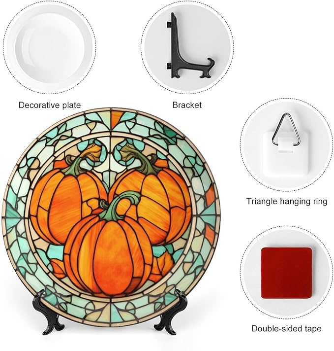Stained Glass Watercolor Pumpkin Decorative Plates Home Decor Ceramic Plates, Fall Season Dinner Plates Display for Living Room, Kitchen, Hallway Console Side Table, Thanksgiving Gifts, 10 Inch