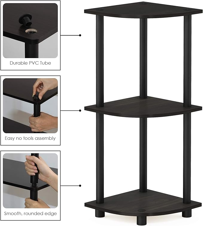 Furinno TURN-N-TUBE Corner Shelf, 3-Tier Corner Bookshelf, Display Storage Shelves with Open Shelves, for Organization and Storage, Living Room, Home Office, Garage, Espresso