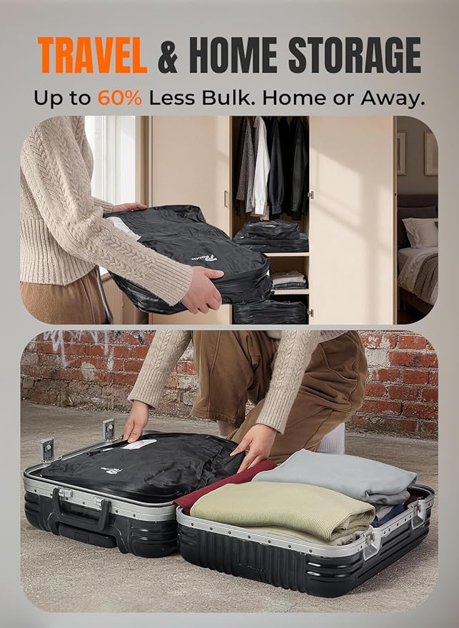 Vacuum Bags for Travel with Wireless Pump, 180° Open Zipper, IP67 Waterproof, Reusable Space Saver Compression Bags for Home Storage, Backpack, Suitcase(3 Pack + Pump)