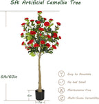Bellacat 5ft Artificial Camellia Tree with Silk Red Flowers, 60in Faux Camellia Plant with Lifelike Trunk, Fake Flower Tree Potted Front Door Plants for Porch Patio Deck Living Room Decor, 2Pack