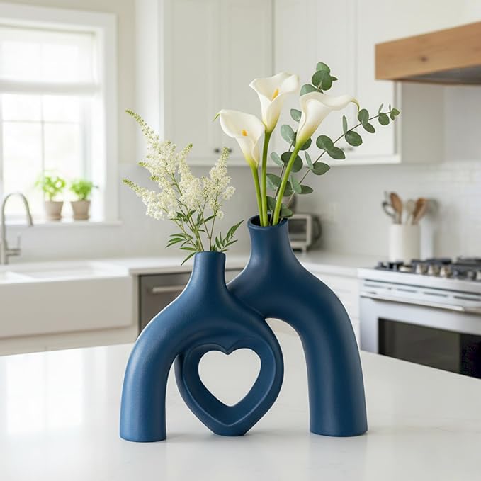 Snuggle Hollow Ceramic Decorative Vase, Modern Minimalist Nordic Boho Ins Style Vases for Home Decor Living Room Shelf Entryway Coffee Table or Console Décor (Matte Navy Blue)
