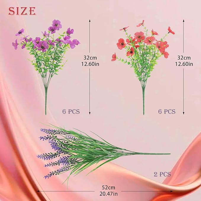 INQCMY Artificial Flowers for Outdoors UV Resistan 12 Pcs Silk Daisies with Eucalyptus Leaves and 2 Pcs Lavender Suitable for Porch Balcony Courtyard Garden (Red Lotus)