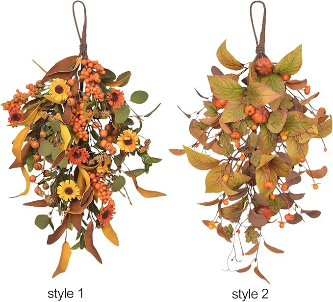 20 Inch Fall Harvest Swag, Artificial Fall Maple Swag Autumn Thanksgiving Day Halloween Decorative Teardrop, Halloween Wall Door Decor Sunflower Berry Fake Wreath (#1)