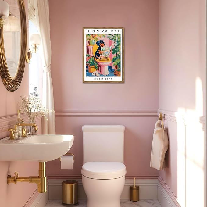 Funny Dachshund Bathroom Wall Art Henri Matisse Dog Bathroom Wall Decor Picture, Cute Puppy Animal Reading Newspaper in Toilet Poster Painting Canvas Print 12x16 inch Wood Framed