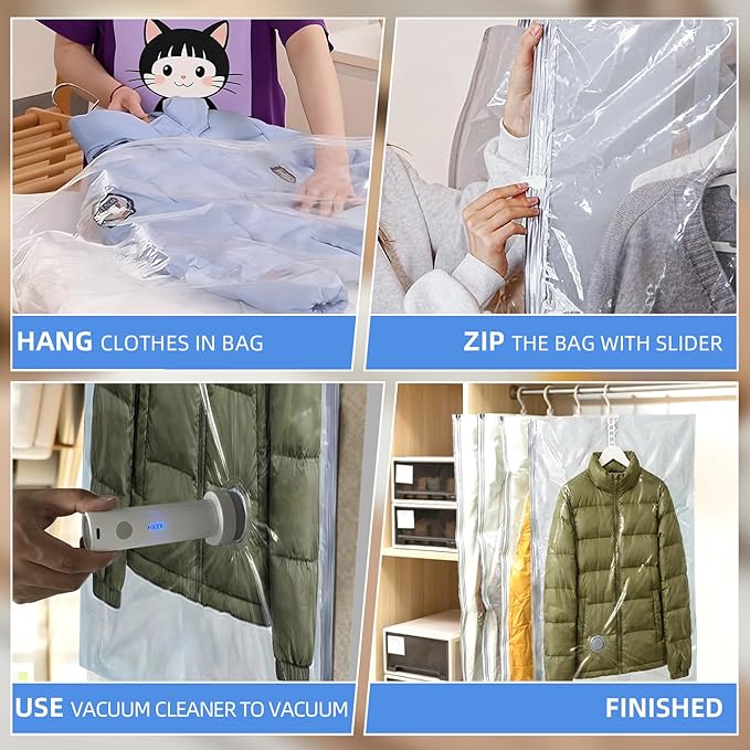 4 Pack Hanging Vacuum Storage Bags with Electric Pump (2 Long 2 Short), Vacuum Seal Space Saver for Suits, Jackets, Coats, Closet Organization (4)