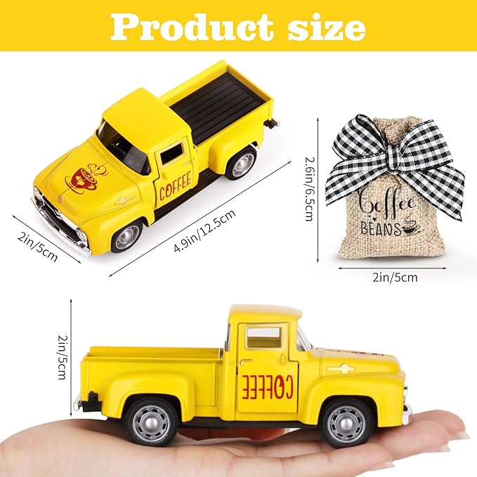 Hooqict Coffee Bar Decor Mini Metal Yellow Truck with Coffee Beans Burlap Sack for Summer Fall Home Farmhouse Kitchen Tiered Tray Decor Coffee Bar Accessories Coffee Station Decoration