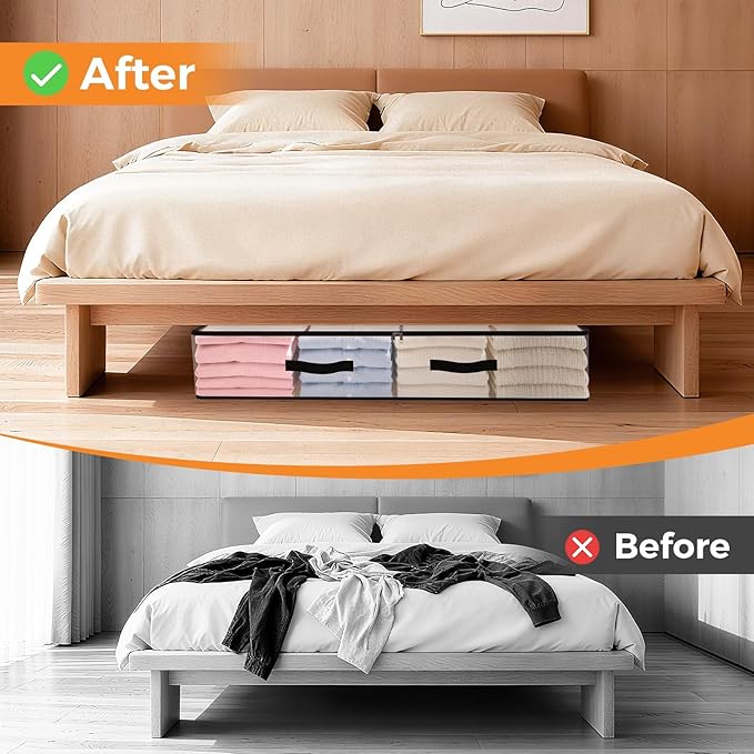 4 Pack Under Bed Storage Bags, 90L Foldable Clear Storage Containers with Handles, Dual Zippers for Comforter, Clothes, Bedding, Linen Sheets, Sweaters, Blanket Storage