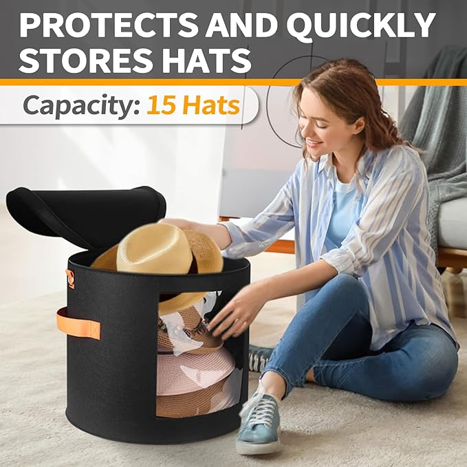 Oversized Hat Storage Box for Women & Men，19" D x 17" H Cowboy Hat Boxes with 1 Wood Hook Felt travel Round Hat Organizer Box with Dustproof Lid (Black)