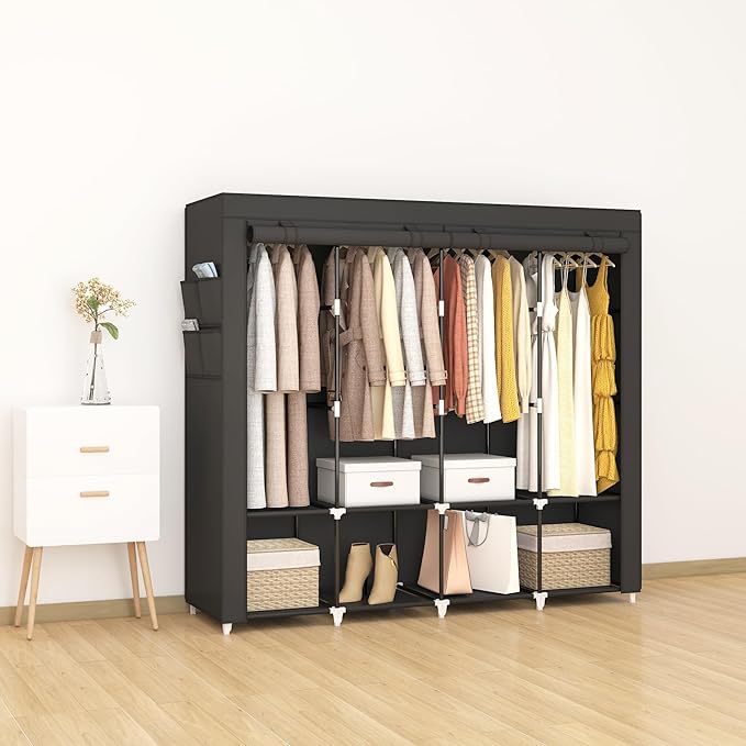 67 Inch Portable Closet Wardrobe for Hanging Clothes, Wardrobe Closet with Cover, 4 Hanging Rods and Side Pockets, 8 Storage Shelves, Large Clothes Organizer for Bedroom, Living Room, Black