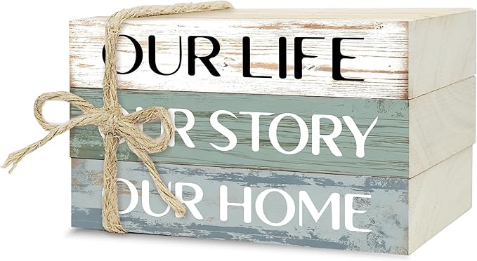 Decorative Books for Home Decor, Rustic Wood Book Stack for Table Decor, Our Life Our Story Our Home Decoration Books for Living Room Bookshelf, Farmhouse Stacked Books Decoration (L59)