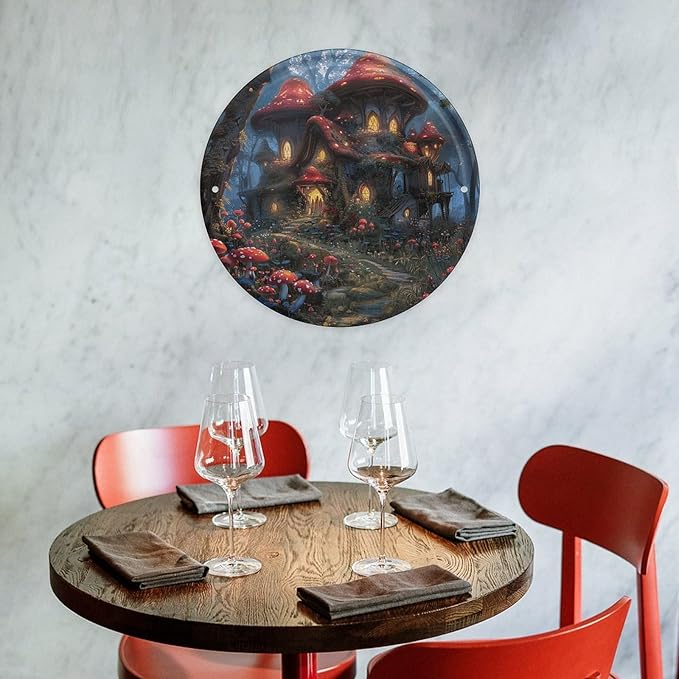 Wall Picture, with Mushrooms and Flowers Printed Circular Iron Hanging Picture,Wall Art Decor,Home for Bedroom Living Room Bathroom Decor,Iron Painting 11.8X11.8 in