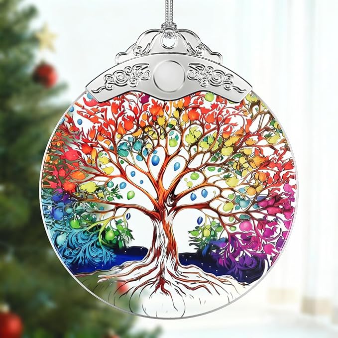 Tree of Life Stained Glass Ornament, Crystal Ornaments for Christmas Tree Decorations, Holiday Presents Idea, Car Hanging Ornaments, Car Charm, Mirror Accessories