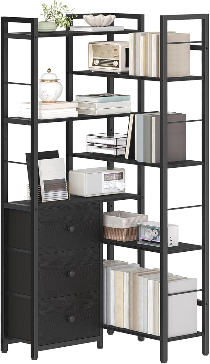 YATINEY Corner Bookshelf, 7 Tier L-Shaped Bookcase with 3 Drawers, Storage Corner Shelf, Freestanding Tall Display Shelf, Industrial Style, for Living Room, Home Office, Black SJ10BB