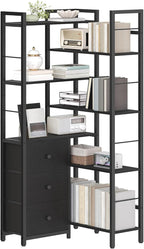 YATINEY Corner Bookshelf, 7 Tier L-Shaped Bookcase with 3 Drawers, Storage Corner Shelf, Freestanding Tall Display Shelf, Industrial Style, for Living Room, Home Office, Black SJ10BB