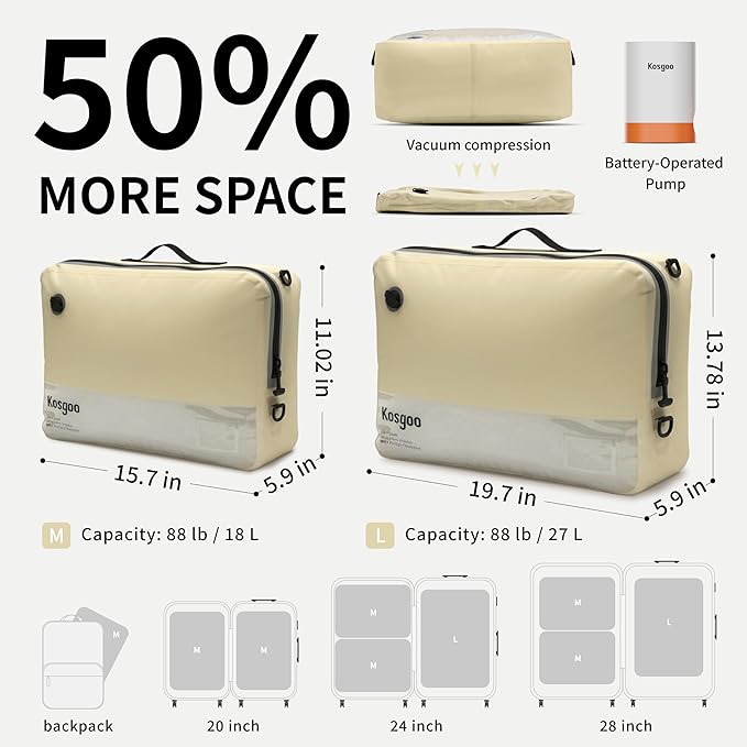Travel Vacuum Bags with Pump, Reusable Vacuum Compression Bags for Travel, IP67 Waterproof Odor & Tear-Proof Nylon, Pack Vacuum Kit for Luggage Suitcase, TSA-Ready Travel Essentials (2 Pack, Beige)