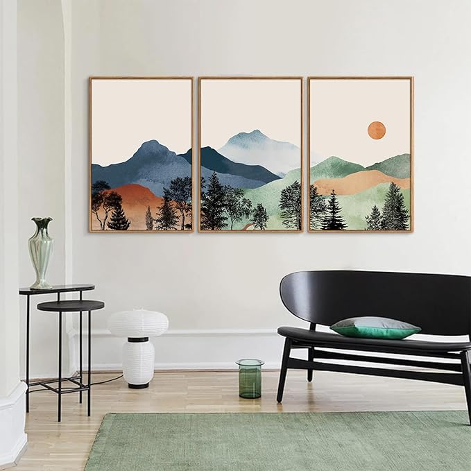 SIGNINART Boho Mountain Framed Canvas Wall Art Set of 3, Watercolor Nature Landscape Art Prints, Modern Sunrise Art Paintings, Green Forest Wall Decor for Living Room, Bedroom, Office 24"x36"x3