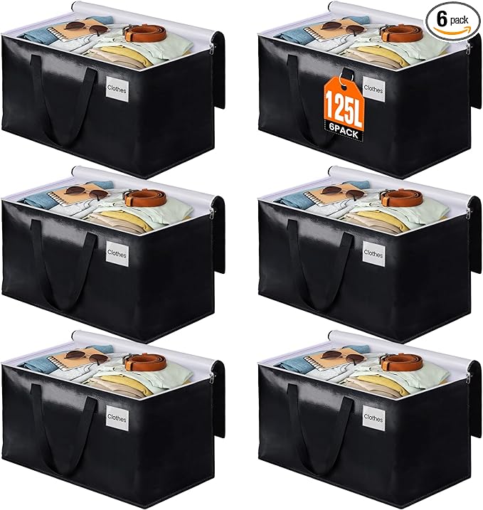 BlissTotes Moving Bags, Heavy Duty Moving Boxes with Zippers Top and Sturdy Handles, Storage Bags for Space Saving and Packing, Collapsible Moving Supplies, Storage Totes (125L, 6-Pack, Black)