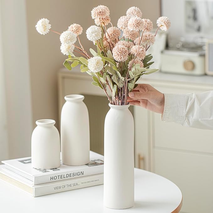 Ceramic Vase Set-3, Small Flower Vases for Decor, Modern Boho Farmhouse Style, 10.3 Inch Tall, Bisque White Color, Decorative Vases for Pampas Grass, Dried Flowers and Fresh Flowers (L Natural White)