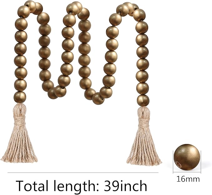 Meplait 39in Wood Bead Garland Farmhouse with Tassels,Versatile Prayer Beads Boho Chic Wall Hanging Home Decor (Gold)
