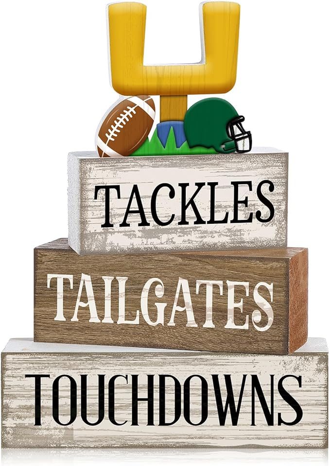 Lineshading 4 Pcs Football Table Decorations Football Tiered Tray Decor Sport Game Centerpiece Sign Decorative Rugby Stack Block Gift for Fans Club Tailgate Birthday Party Table Shelf Fireplace Decor