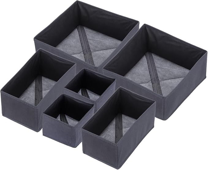 uxcell 1 Set Foldable Cloth Storage Box, 6 Slots Fabric Socks Underwear Drawer Dividers Organizers Baskets Bins for Clothes Socks Scarves Ties, Dark Gray