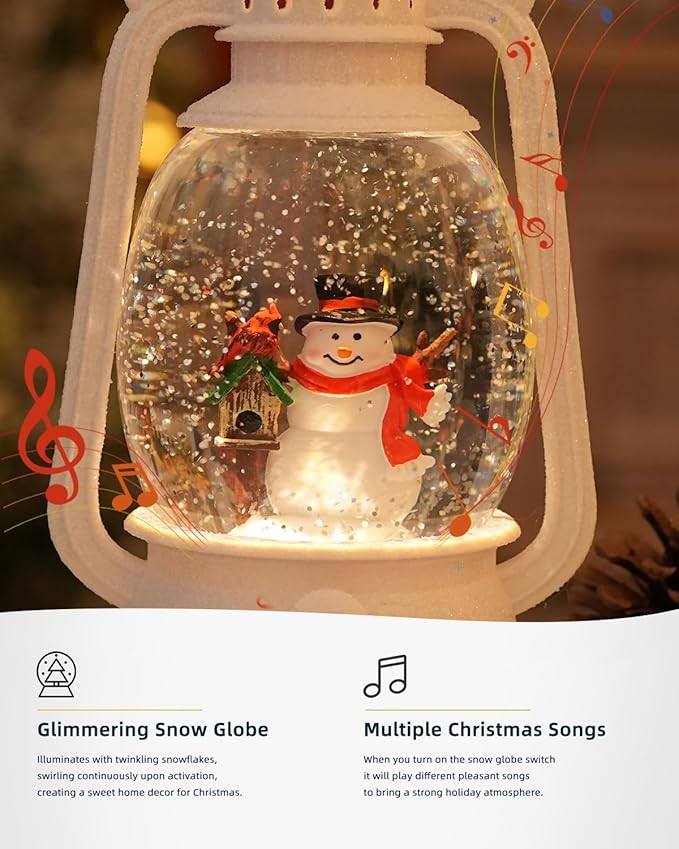 Christmas Snow Globes Snowman Decor, Musical Glitter Globe Light Up 6H Timer Cardinal Mailbox Village Snowman Snow Globe Christmas Decorations