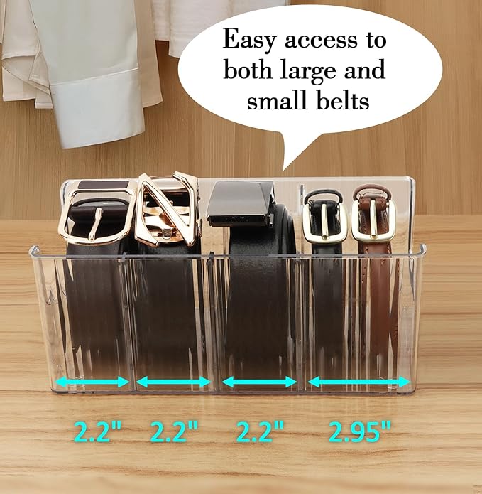 Acrylic Belt Organizer - 2 Pack with Adjustable 4 Compartments & Stackable Design, Clear Storage for Closet and Drawer Organization