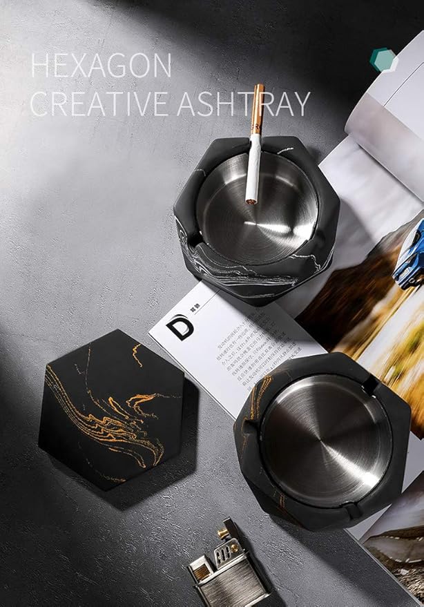 FREELOVE Concrete Ashtray with Lid & Stainless Steel Ashtrays for Cigarettes, Cement Ash Tray Smoking Holder Indoor Smokeless Outdoor Windproof Patio Home Office Cool Decor(Black-Gold, Small)