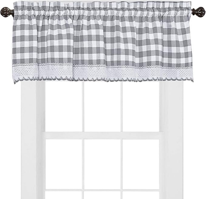 Sweet Home Collection Kitchen Window Curtain Panel Treatment Decorative Buffalo Check Design, Valance, Gray