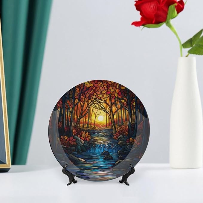 Stained Glass Theme Decorative Ceramic Plate Round Porcelain Plate,8 inch,Sunset Forest Stream Pattern,for Decorative Ornaments Giving Plates, 1 Plate with 1 Display Stand,Orange Blue