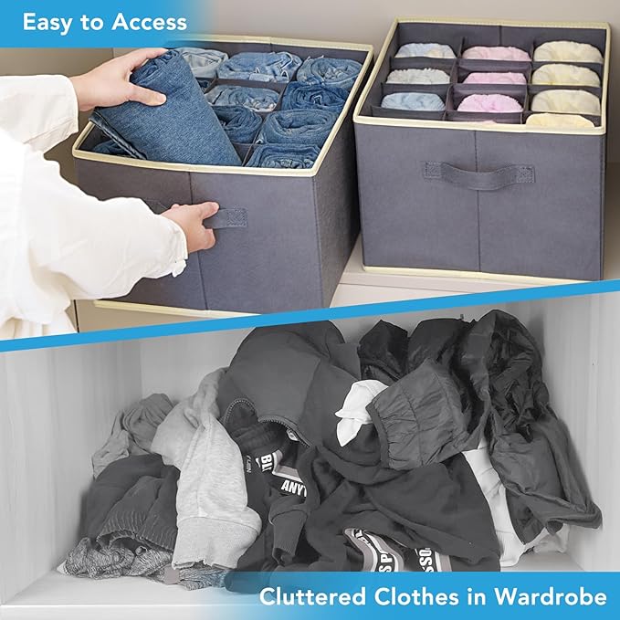 3 Pcs 12 Cell Large Size Pants Organizers for Clothes, Jeans, Sweater, T-shirt, Dress Stackable for Wardrobe Closet Drawer Organizer Storage Bin Container, Dark Grey