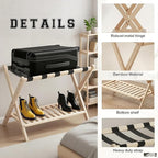 Bamboo Luggage Rack with Shoe Shelf Folding Suitcase Stand with 5 Heavy-Duty Straps for Guest Room Living Room Hotel Ideal Luggage Holder for Suitcases Bags Shoes,Nature