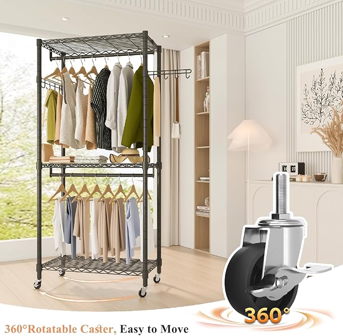 Heavy Duty Rolling Garment Rack, 3 Tiers Wire Shelves Adjustable Freestanding Portable Rolling Clothing Rack with Lockable Wheels, 47.2''L x 15.8''W x 78.8''H, Max Load 650LBS