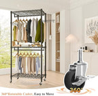Heavy Duty Rolling Garment Rack, 3 Tiers Wire Shelves Adjustable Freestanding Portable Rolling Clothing Rack with Lockable Wheels, 29.5''L x 15.8''W x 78.8''H, Max Load 400 LBS