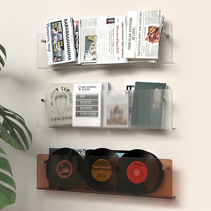 3 Pack Acrylic Magazine Holder and Vinyl Record Rack, 24" Wall-Mounted Display Shelf, Clear / Tea Brown / Ripple Pattern Wall Decor Racks for Living Room, Bedroom, or Music Room