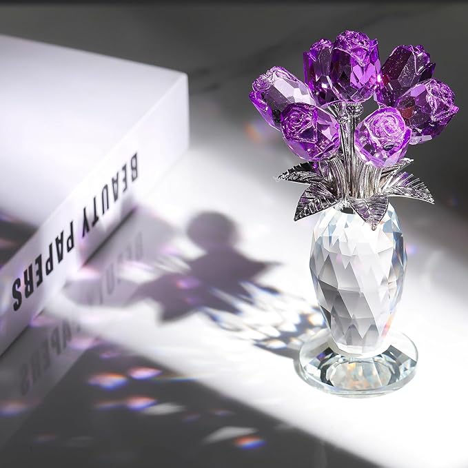 Movdyka Crystal Purple Rose Flower Figurine, Glass Roses Flower Bouquet Ornament Home Decor, Mother's Day Valentine's Christmas Wedding Romantic Gifts for Women Mom Wife Girlfriend