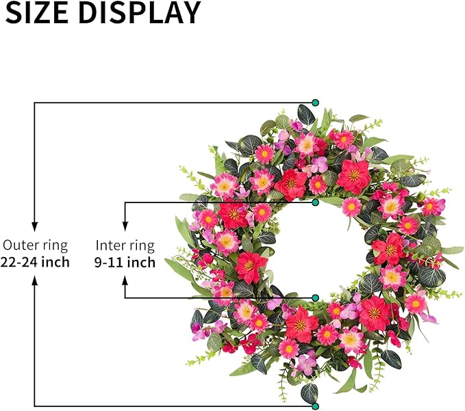 24 Inch Large Spring Summer Front Door Wreaths, Artificial Eucalyptus Daisy Wreath with Pink Red Flowers, Rustic Farmhouse Wreath for Porch Wall Window, Indoor Outdoor All Season Home Decor