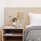 Oslo 19.5" Contemporary Bedside Power Outlet Base Standard Metal Table Desk Lamp in Brushed Steel with Tan Drum Fabric Shade