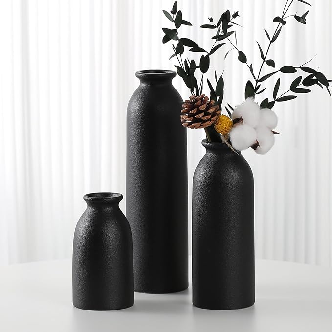 CEMABT Black Ceramic vase Set-3 Flower vases for Decor,Modern Boho Farmhouse Home Decor,Decorative vase for Pampas Grass&Dried Flowers,idea Shelf,Table,Bookshelf